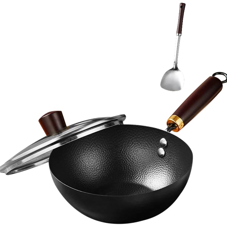 [Bebemax]鉄鍋 手作りの槌目模様フライパン【職人技で作る高級調理器具】 高純度鉄製フライベン 直火/電磁調理器対応＆焦げ付き防止 無塗層 鉄分補給 木柄中華鍋 鉄手作り鉄鍋 伝統的鉄鍋 野菜炒め 焼く 茹でる 煮る 揚げる 調理用品 洗いやすい 手入れが簡単 業務用 家庭用