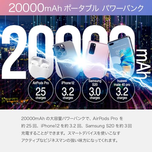 日本正規代理店 VEGER C20 20000mAh 急速充電 大容量 モバイルバッテリー 5台同時接続 4ケーブル内蔵 Micro、Type-C、Lightningコネクター 5V/2.4A PSE取得